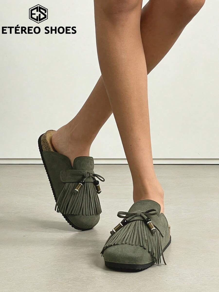 Women's Casual Flat Sandals, Outdoor Slippers, Adorned With Tassels And Beads, Suitable For Daily Commutes And For Spring And Autumn Holiday Outfits. - màu xanh lá - Xem 1