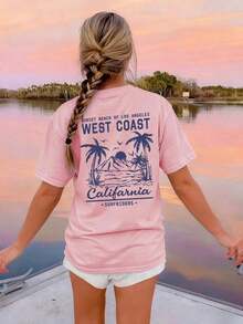 Summer Tops Mother's DayWomen's New Summer Casual Round Neck Short Sleeve T-Shirt, Simple Versatile Palm Tree Slogan Print, Suitable For Daily Wear. Graphic Tee, Women's T-Shirt Top Vacation.Loose And Comfortablesummer Clothes Easter - 粉色 - 查看 12