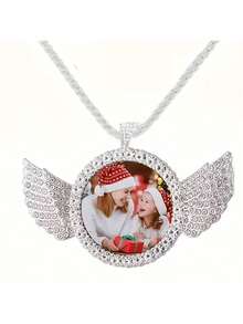 1 Custom Photo Round Necklace With Chain - Vintage Bohemian Style Rhinestone Wing Pendant, Personalized Women's Jewelry Gift, Valentine's Day Gift, Casual Outfit, Gold Metal Craftsmanship, Nostalgic Souvenir, Bohemian Style, Exquisite Handcraft, Fashion Accessory - Multicolor - View 9