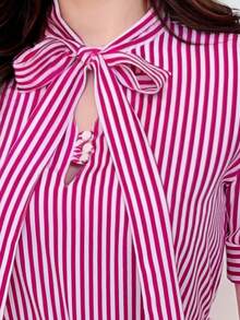 Short-Sleeved Striped Blouse With Puff Sleeves, Bow, And Button. - Hot Pink - View 4
