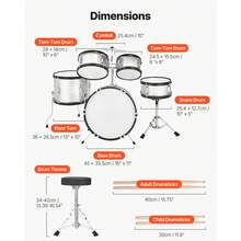 Schlagzeug Set, 5-teilig, inkl. 40,6 cm Basstrommel, 25,4 cm Snare, 20,3 cm & 25,4 cm Tomtoms, 33 cm Standtom, 25,4 cm Crash-Becken & 20,3 cm Hi-Hat, für Kinder von 6–13 Jahren Silber - Silber 5-teilig - Übersicht 3