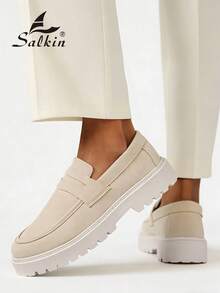 Salkin 奢華設計師男士便錢樂福鞋，正品品牌，純色啞光皮革鞋面，休閒男鞋，適合現代生活的平價奢華，柔軟舒適防滑耐磨鞋底，時尚優雅紳士社交鞋，百搭西裝、學生畢業典禮、大學風格、運動鞋、派對、宴會、節日禮物，春夏秋季男鞋 - 米色 - 查看 7