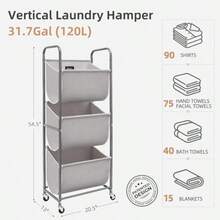 120 Liters Vertical Rolling Laundry Hamper 3 Section Laundry Sorter With Wheels And 2 Breaks 3-Tier Laundry Baskets For Small Space Dorm Laundry Room Closet Bathroom Gray 3-Tier - Gray - View 6