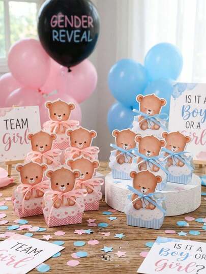 12 hộp kẹo cupcake hình gấu dễ thương, thích hợp làm quà tặng cho tiệc mừng em bé chào đời, quà sinh nhật cho trẻ sơ sinh, hộp quà tặng cho tiệc tiết lộ giới tính (có ruy băng)