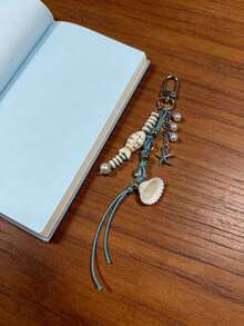 海洋风鱼骨串珠钥匙扣，贝壳和海星仿珍珠吊坠，简约包包挂饰 - 彩色 - 查看 2