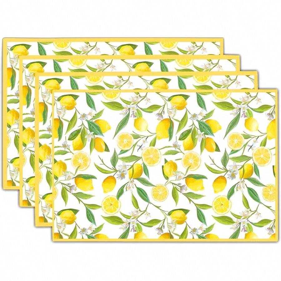 4 piezas Manteles individuales cuadrados, manteles individuales decorativos, producto talla grande vendido, base blanca con diseño de patrón de limón, resistente a las arrugas, tamaño 30*45cm, adecuado para cumpleaños, inauguración de la casa, fiestas de celebración, festivales, reuniones familiares, lavable a máquina, gran artículo de regalo.