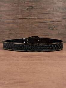 1pc Women's New Black Bull Street PU (Polyurethane) Waist Belt, Handmade Orange Embossed PU Outerwear Dress, Versatile Western Style Suitable For Daily Use - 黑色 3 - 查看 3