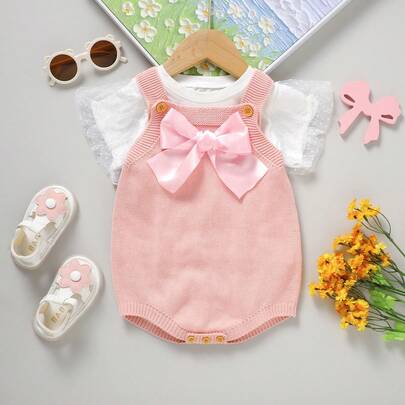 1 bộ áo liền quần dệt kim cho bé gái, áo liền quần màu hồng có nơ, dây đeo, mềm mại và thân thiện với làn da, bộ đồ dễ thương cho bé tập bò.
