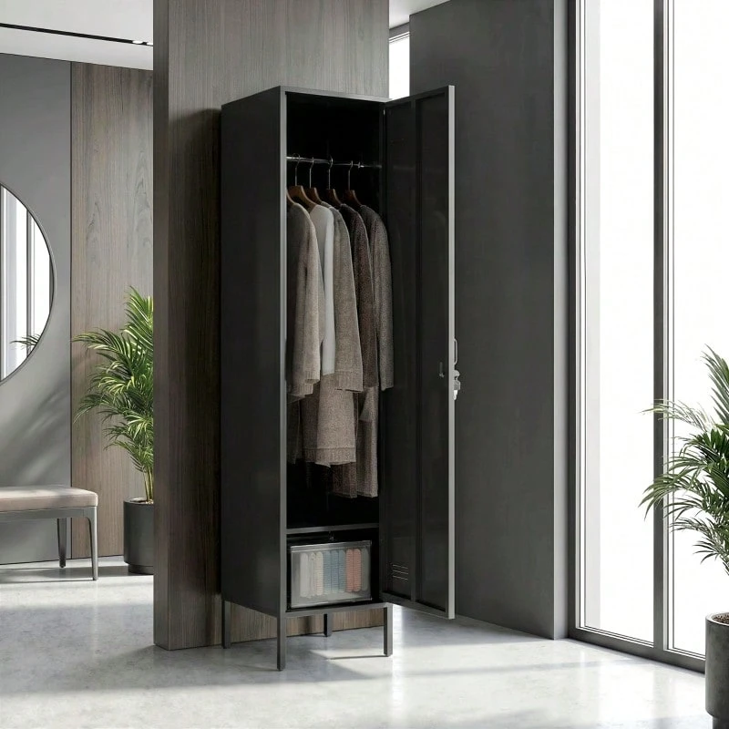 Metal Locker With Lockable Door And Clothes Hanging Rail, Individual Steel Locker For Home Or Office, Black. - 黑色 - 查看 1