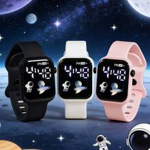 2 pièces/set Montre numérique LED à motif astronaute et vaisseau spatial à la mode, et bracelet en forme de cœur. Convient pour le port quotidien, les activités extérieures, l'école, les vacances, les cadeaux - Multicolore - Voir 4