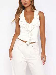 Áo hai dây nữ gợi cảm, thời trang, đa năng, kiểu cổ yếm, hở lưng, cổ chữ V sâu, thiết kế bèo nhún, mẫu mới cho mùa xuân/hè, thích hợp mặc đi chơi. - trắng - Xem 7