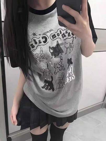 2026夏季新款休闲宽松圆领撞色拼接插肩袖T恤，猫咪印花图案，日系软妹甜美清爽Y2K学院风，100%纯棉女式上衣