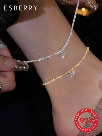 ESBERRY 1pc Geometric Chain Anklet, Women's S925 Sterling Silver Material, Casual Yet Charming Jewelry Gift For Her, Suitable For Valentine's Day