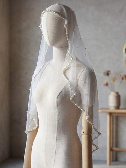 1 Layer Pearl Edged Bridal Veil Without Comb, Handmade Beaded Wedding Face Veil