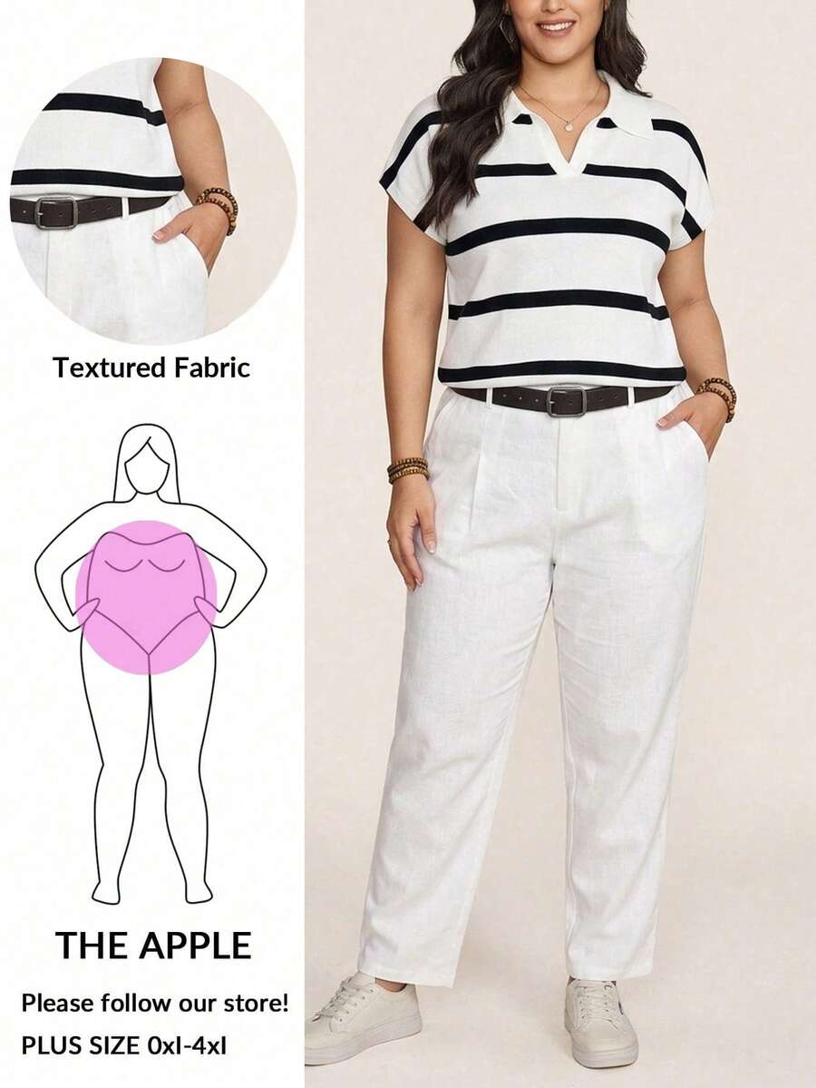 Amore 大码女士夏季条纹针织 Polo 领短袖亚麻休闲宽松透气针织上衣，适合工作、居家、早午餐、办公室和度假穿着，优雅女士衬衫，女士职业装 - 彩色 - 查看 1