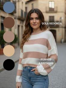 Women's Striped Knit Blouse With Long Sleeves And Round Neck - Versatile Winter - 裸體 - 查看 2