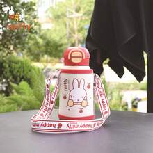 MIFFY Red Apple Series 550ml Stainless Steel Vacuum Insulated Water Bottle With Protective Sleeve, Cute Cartoon Rabbit Pattern, Adjustable Shoulder Strap, Dual Lid Design For Straw Or Direct Drinking, Children - Multicolor - View 12