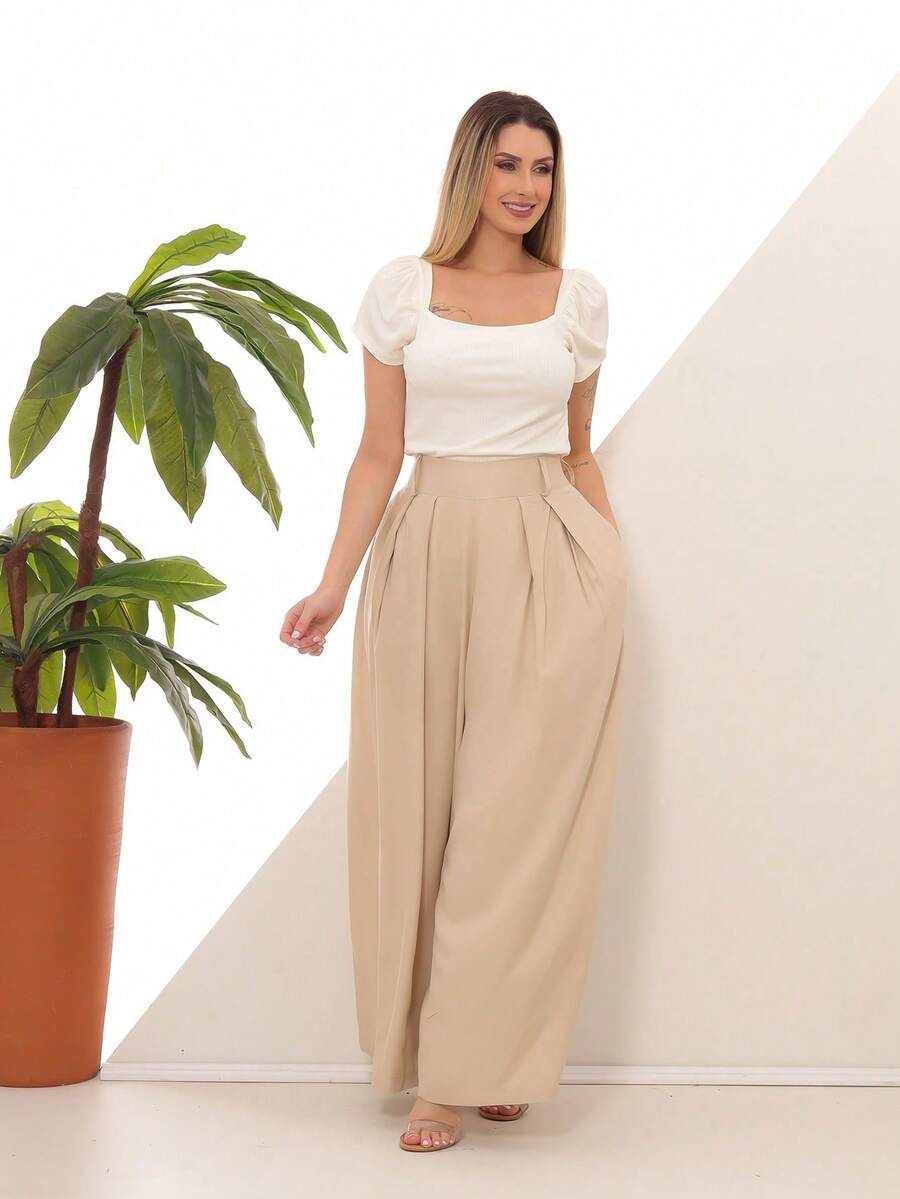 Women's Wide Leg High Waist Wide Leg Pants - Medium Wash - View 1