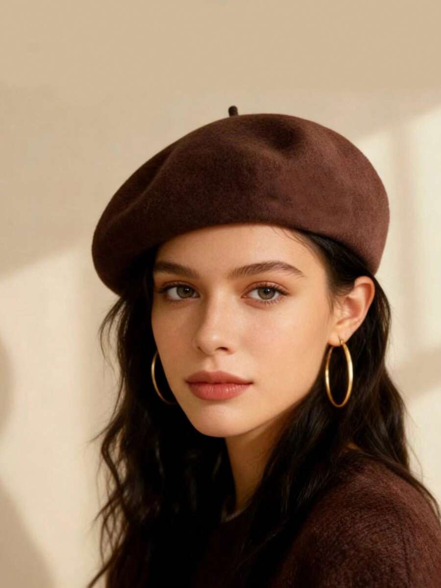 1 buah Topi Beret Klasik Hangat Warna Polos, Topi Seniman Minimalis, Musim Panas, Pantai - Coklat - View 1