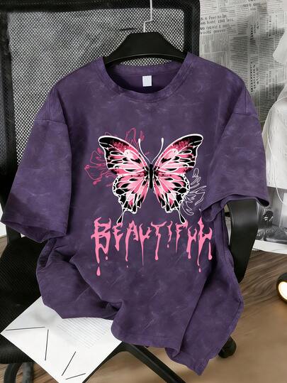 Tenn Girls' Creative Butterfly Print Short Sleeve T-Shirt, Comfortable Top Suitable For Summer School, Sports, Outdoor Activities, Versatile Summer Wear