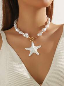 1 chiếc vòng cổ mặt dây chuyền hình sao biển bằng nhựa ABS kiểu Bohemian, đính hạt ngọc trai và nhựa resin, có khóa cài OT, thích hợp làm quà tặng hoặc đeo hàng ngày cho nữ. - Dây chuyền khóa hình sao biển ngọc trai OT - Xem 4