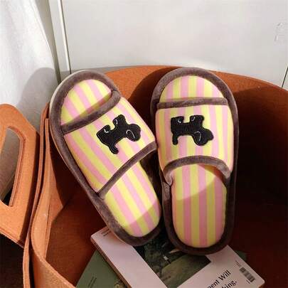 XIXITIAO Dép đi trong nhà kiểu dáng Ins Style dành cho nữ, kiểu dáng thoải mái, thoáng khí, thấm hút mồ hôi, họa tiết chú chó nhỏ màu đen sọc tương phản ngộ nghĩnh, chống trượt, khử mùi, đế mềm mại, thích hợp cho mùa xuân/hè.