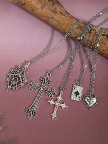 Set de 5 collares con colgante de cruz, corazón y pica estilo gótico para mujeres - Plateado - Ver 2