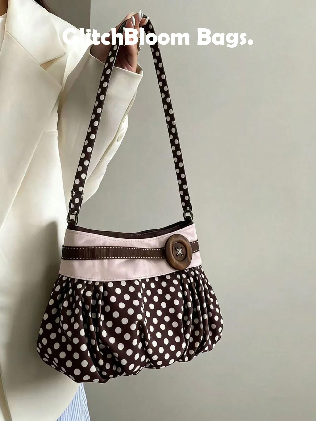 Retro Polka Dot Pleated Shoulder Bag, Y2K Aesthetic Button Decor Cloud Bag,