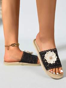 2026 Floral Decor Open Toe Flat Soft Bottom Slide Sandals, All Season - Black - View 4