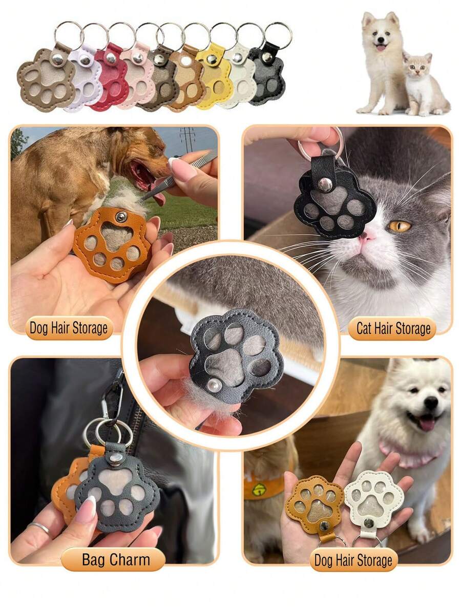 1pc/2pcs/3pcs Commemorative Leather Pet Hair Keepsake Bag - Multipurpose Portable Keychain, Cat Dog Hair Storage Keychain, Cat & Dog Lovers Gifts, Fur Keepsake Keyring - Pet Memorial Gifts, Suitable For Cats And Dogs, Pet Memorial Hair Storage Box, Dog Cat Paw Shape Leather Keychain Pendant - Multicolor - View 1