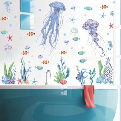 海底世界水母海龟海藻墙贴，水下海藻珊瑚礁鱼类墙贴，适用于浴室、卧室、游戏室、家居墙面装饰