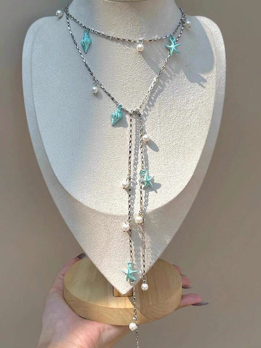 1件海星贝壳仿珍珠吊坠长项链，多色金属和树脂材质，女士派对/海滩度假必备 - 彩色 - 查看 1