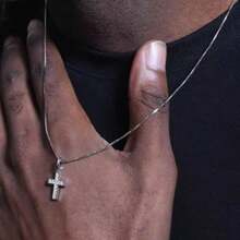 1件时尚奢华银色锆石十字架吊坠项链，嘻哈风精致链条颈链，母亲节节日配饰，男女皆宜的日常佩戴珠宝礼物 - A - 查看 6