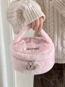 1个可爱撞色毛绒迷你化妆包，适合女孩，迷你手提包，便携式口红收纳包，化妆包桶，时尚文字刺绣多功能旅行收纳包，珠宝发饰收纳包，旅行必备，日常用品，家居装饰，生日礼物，新年礼物 - 彩色 - 查看 3