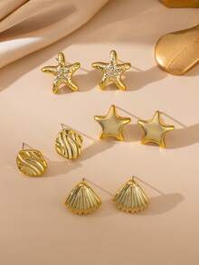 8pcs Starfish & Shell Textured Earrings, Suitable For Daily And Vacation Outfits - Gold - View 2