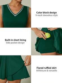 NcmRyu 1 chiếc đầm thể thao thời trang nữ cổ chữ V kẻ sọc phối màu tương phản - màu xanh lá - Xem 4