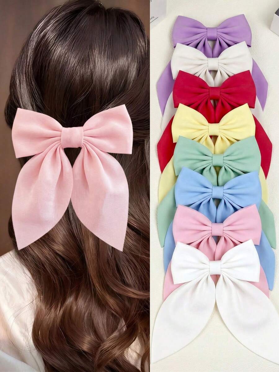 8pcs Soft Long Tail Bowknot Hair Clips, Vintage Metal Hair Clips Silk Hair Bands, Elegant Hair Accessories, Suitable For Girls Wedding Party Eid Festival Daily Casual Wear, Green Bow Purple Bow Blue Bow Yellow Bow Summer Hair Decor - Multicolor - View 1