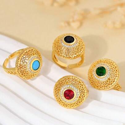 1pc Vintage Hollow Lace Round Women's Ring With Turquoise/Red/Emerald Green/Black Stone. Jewelry Arabic Style 18k Gold Plated Adjustable Finger Ring.Suitable For Daily Wear, Parties, Or Festive Outfit Matching, And As Holiday Gifts.