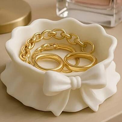 1pc Cute White Ruffled Bow Jewelry Tray, Suitable For Home Decor, Desk, Office, Theme Party, Car Interior, Party Table Centerpiece, And Thanksgiving, Easter, Birthday Gifts