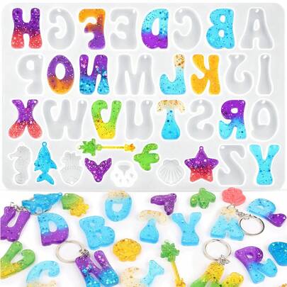 1个字母形状树脂模具，大型环氧树脂反向字母硅胶模具，包含140个钥匙扣套装，用于DIY钥匙扣、珠宝吊坠装饰