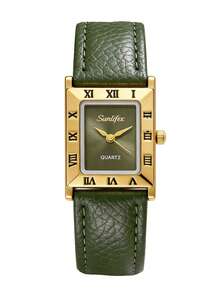 Vintage Fashionable Minimalist Casual Elegant Oval Case PU Leather Strap Women's Watch, Delicate Cute Small Dial Roman Numeral Display, Suitable For Daily Wear, Birthday Gift, Party, Ideal Choice For Yourself Or Friends. No Packaging Box Included. - Green - View 9