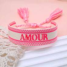1pc Handmade Embroidered French "AMOUR" Creative Woven Vintage Style Bracelet, Suitable For Couples, Holiday Gift, Blessing Cord - Phosphor - View 2