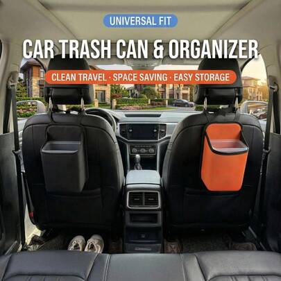 车载垃圾桶兼座椅侧边储物袋 - 多功能后座悬挂式储物袋，带后座靠背储物盒，橙色/黑色/棕色可选