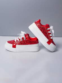 Kids' New Contrast Color Sequin Lace-Up Low-Top Casual Sneakers - Red - View 2