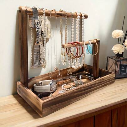 1pc Vintage Style Multi-Tier Wooden Jewelry Display Stand With Tray, Suitable For Displaying Necklaces, Earrings, Rings, Bottom Tray Provides Extra Storage Space, Can Be Used As Jewelry Display Rack, Jewelry Organizer, Holiday Decor, Mother's Day Gift
