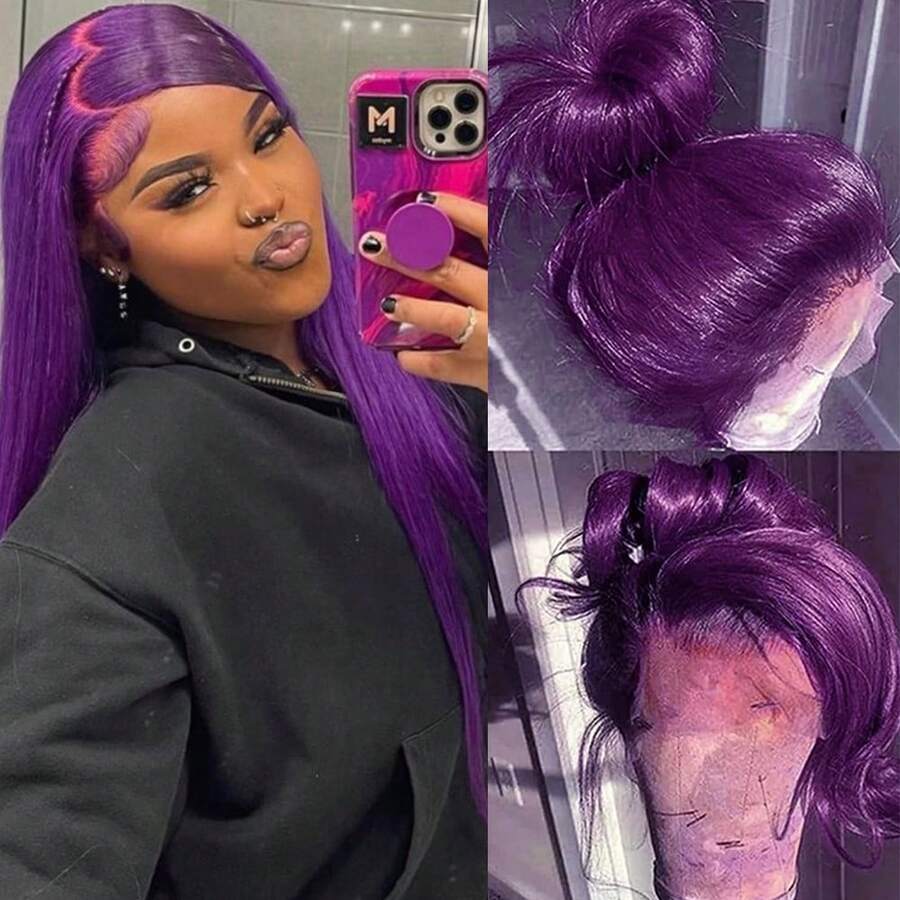 Gorgeous Neon Green Hair Synthetic Lace Front Wigs 28 Inch Pre Plucked Long Straight Hair Wigs Glueless Halloween Wigs Heat Resistant Fluorescent Green Straight Lace Front Wigs For Fashion Women For Daily Christmas Party Cosplay Use - 紫色 - 查看 1