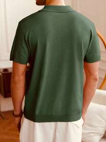 Men's Casual Summer Polo Top With Stripes And Patchwork Knit, Men's Summer Polo Top, Solid Color Short Sleeve Knit Sweater For Men, Summer Fashion - 墨綠色 - 查看 2