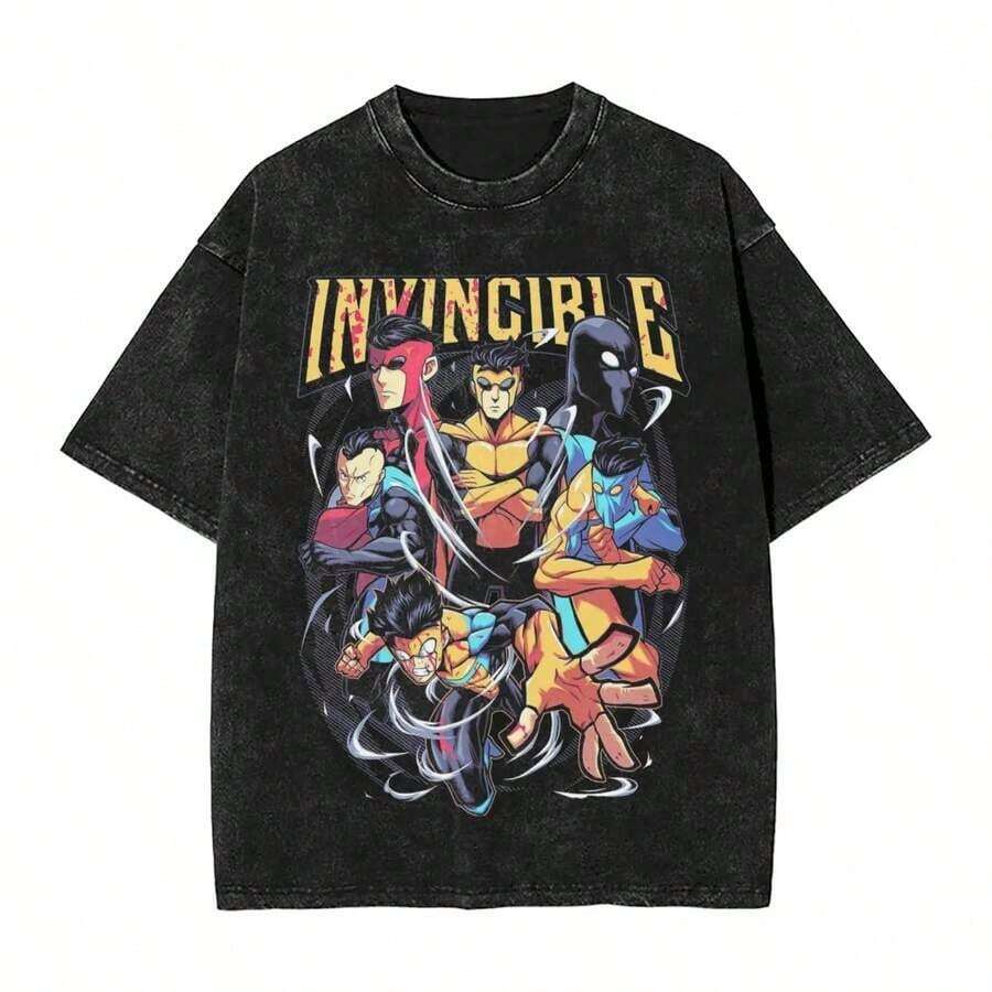 Invincible Erhero Omni Man Washed T Shirts Streetwear Hip Hop Vintage T-Shirts Tees Tops For Men Women Harajuku Printedsummer Outfits For Womengraphic Tees - 黑色 3 - 查看 1