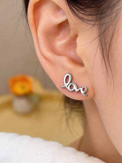 1 Pair Silver Hollow Delicate Love Letter Earrings, Stainless Steel Jewelry, Unisex, Heartwarming Gift For Lover, Surprise For Mom On Mother's Day