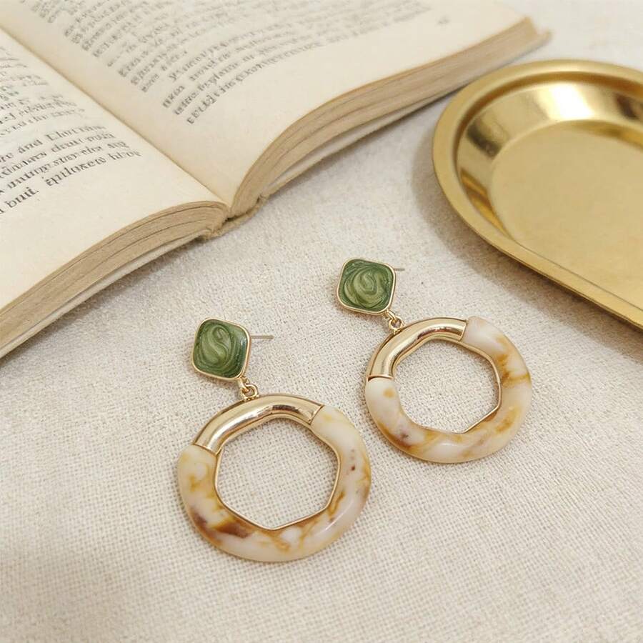 复古深绿色玳瑁纹耳环，小众设计长款垂坠耳环，奢华优雅耳环 - 彩色 - 查看 1